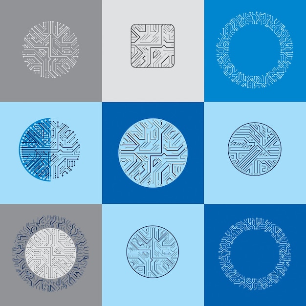 Collection of vector microchip designs, cpu. Information communication technology elements with multidirectional arrows, circuit boards in the shape of square and circle.