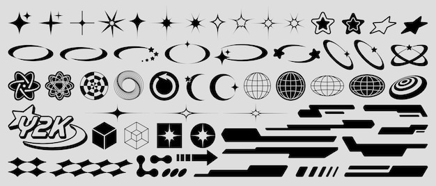 Collection of Y2K elements including futuristic shapes stars globes cyber typography and abstract ge