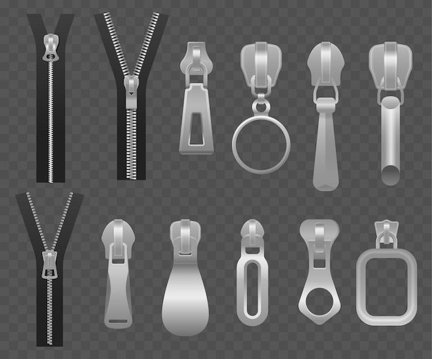 Collection Of Zipper Pullers And Full Zipper Elements Realistic 3d Vector Image