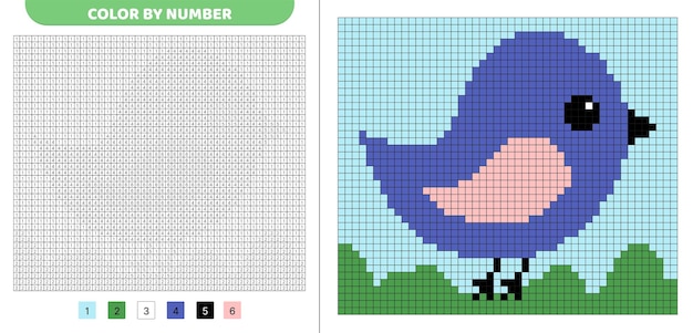 Color by number Blue bird Pixel coloring book Numbered squares Game for kids
