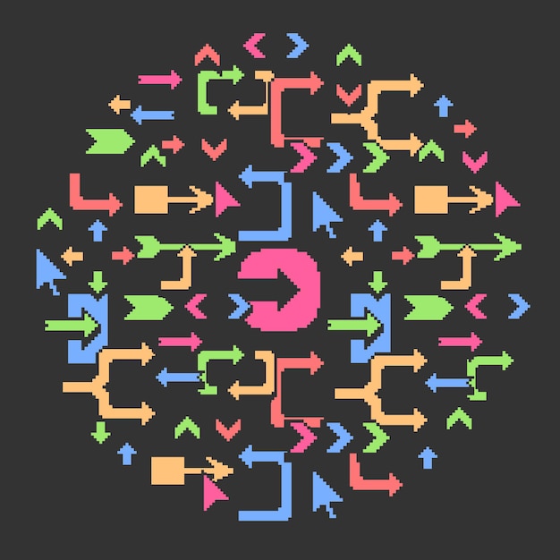 Colored circular composition of pointer arrows on a black background in pixel style