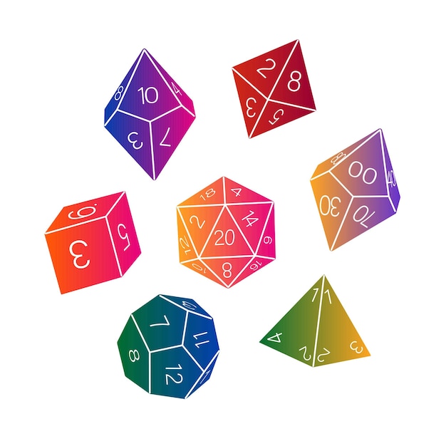 colored collection of dice on a white background hand drawn d8 d10 d12 d20 board game dice rpg