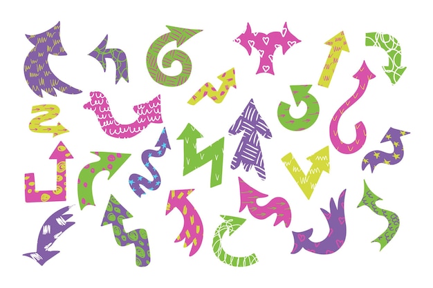 Colored flat hand drawn textured arrows set