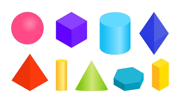 colored gradient volumetric geometric shapes different simple basic d figure isometric views sphere ...