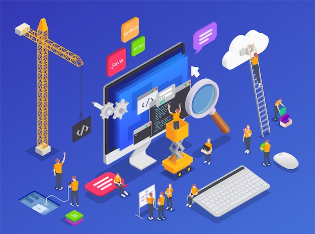 Colored programming coding development isometric concept with tools and elements of programming 