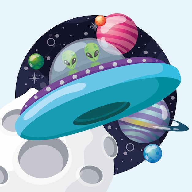 Colored sticker with alien characters on an ufo Vector illustration