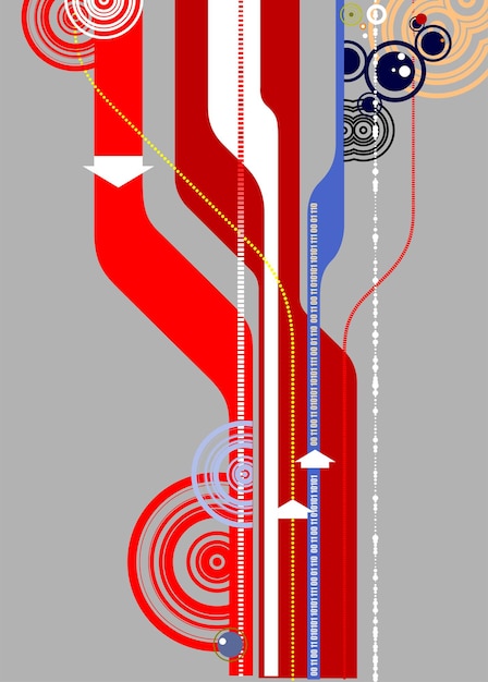 Colorful abstract design with intersecting lines arrows circles and binary code creating a sense of movement and technology