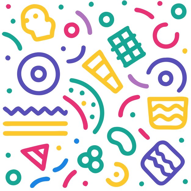 Colorful abstract doodle pattern with geometric shapes and lines on white background