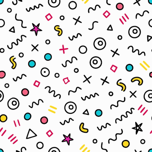 colorful abstract geometric seamless pattern with wavy lines circles stars and plus signs on a white background