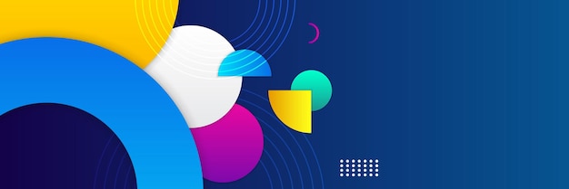 Colorful abstract geometric wide banner background design. Blue yellow red pink green abstract vector business long banner template. Business minimal background with halftone circle frame
