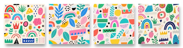 colorful abstract patterns showcasing playful designs with elements of nature and geometric shapes