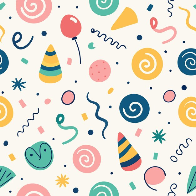 Colorful abstract seamless pattern with swirls dots stars and confetti