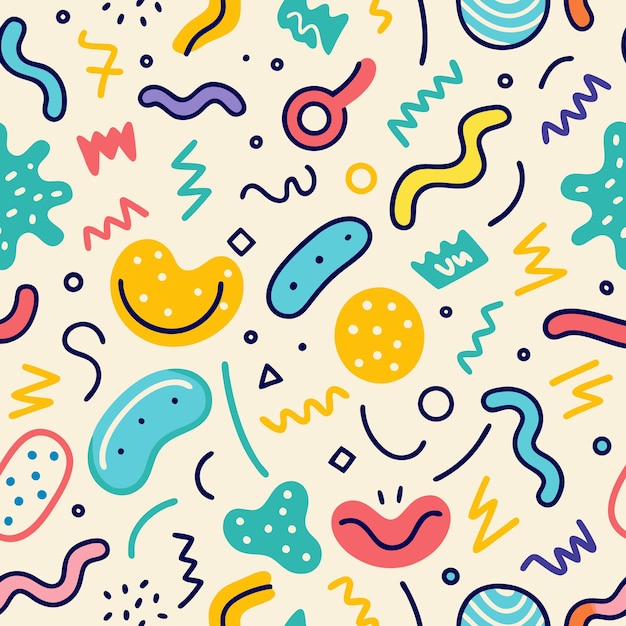 Colorful abstract shapes and lines on a cream background seamless pattern