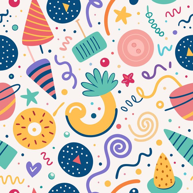Colorful Abstract Shapes Seamless Pattern with Party Hats