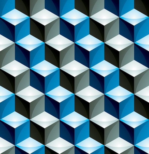 Colorful abstract textured geometric seamless pattern. Vector bright textile backdrop with three-dimensional cubes and squares. Graphic contemporary futuristic covering.