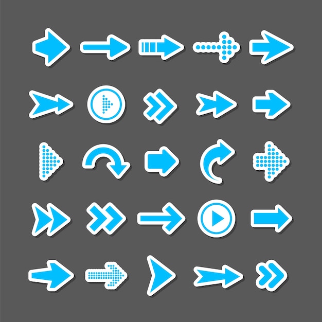 Colorful arrow stickers set Blue cursor icons pointers collection Simple arrows in different shapes Next back web signs Vector illustration