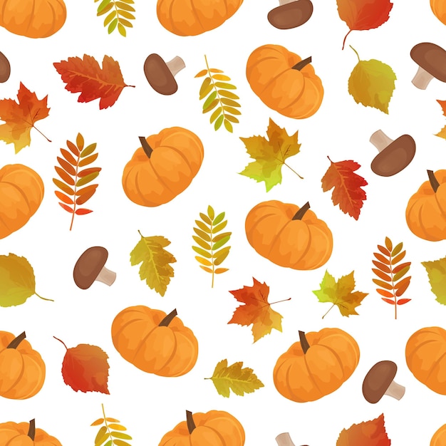 Colorful autumn pattern with pumpkins, mushrooms and autumn leaves.