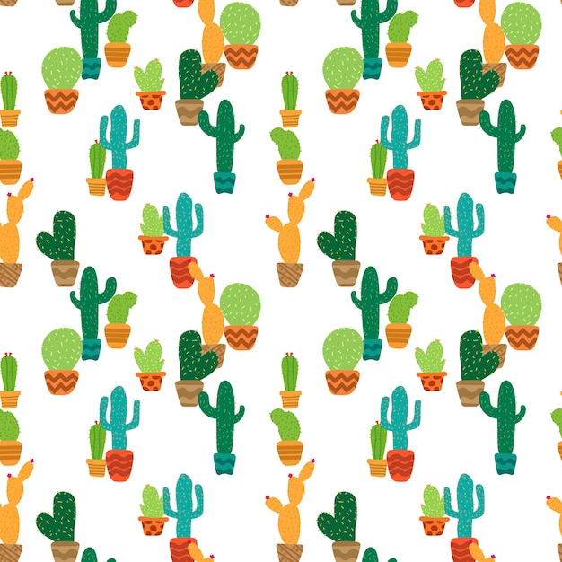 Colorful cactus in seamless pattern background. Vector illustration.