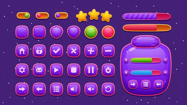 Colorful candy themed game interface featuring cartoon style vector menus settings and options
