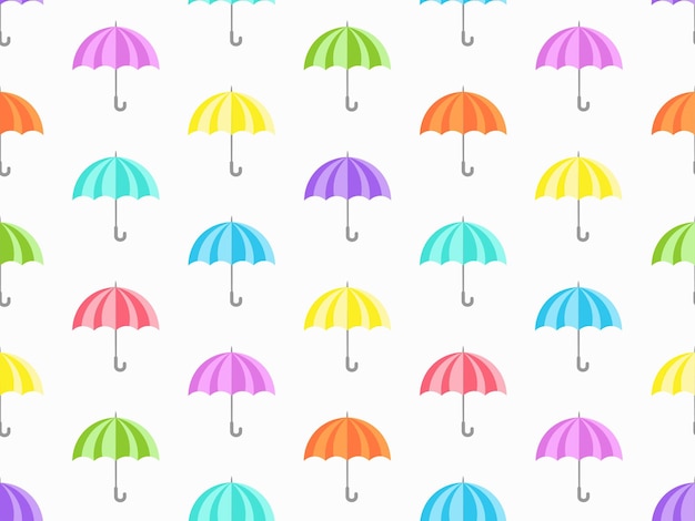 colorful cartoon drawing of open umbrellas seamless doodle pattern on white background