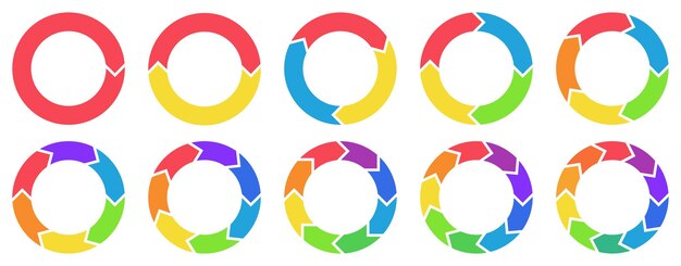 Colorful circle arrow charts. Multicolor spinning arrows, repeat circle combinations and reload icon set.