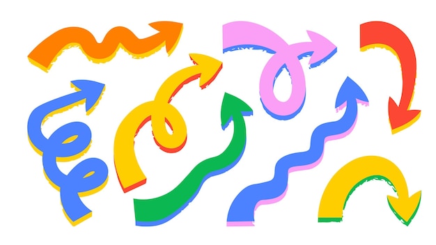 Colorful Curved Arrows Set Collection of hand drawn playful wavy direction pointers grunge texture