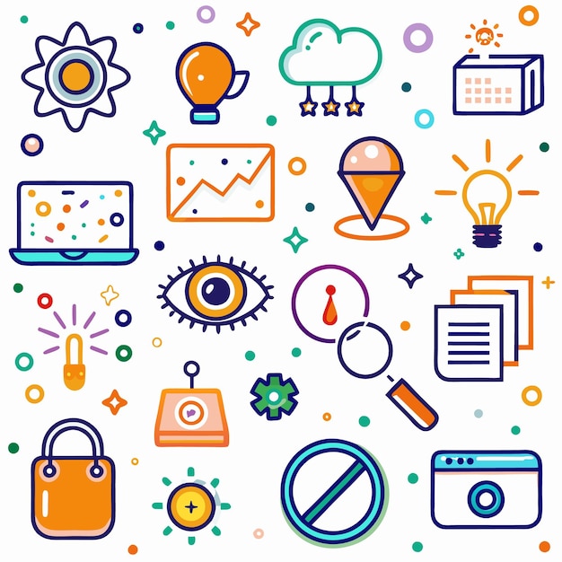 colorful doodle icons representing various concepts like lightbulb cloud computing graph shopping bag eye magnifying glass website and a stop sign