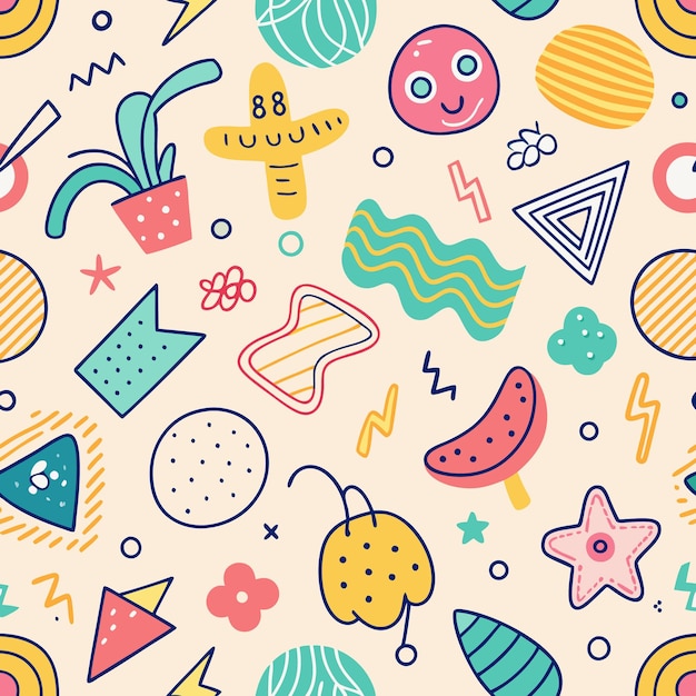 colorful doodle pattern with geometric shapes and whimsical elements