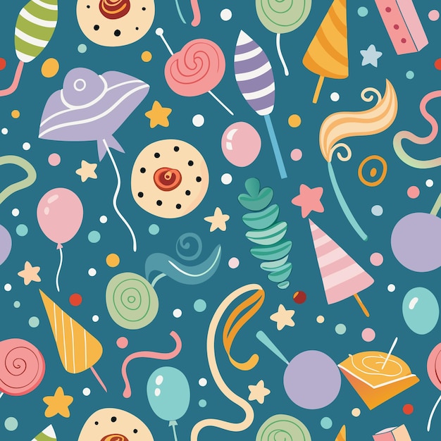 Colorful festive pattern with balloons candies stars and confetti on blue background