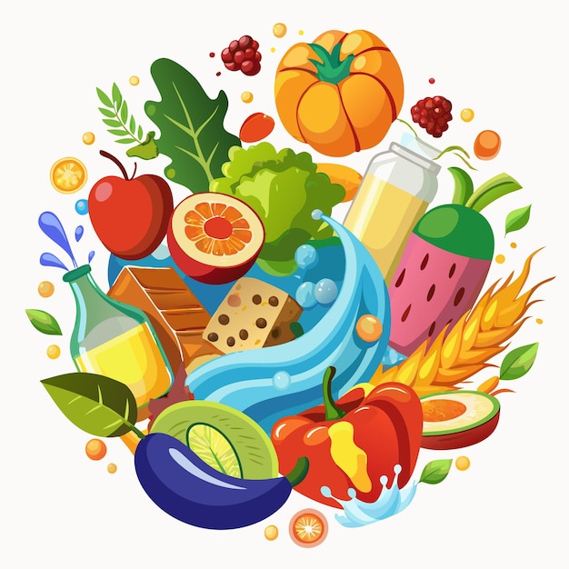 Colorful fruits and vegetables with water splash on white background