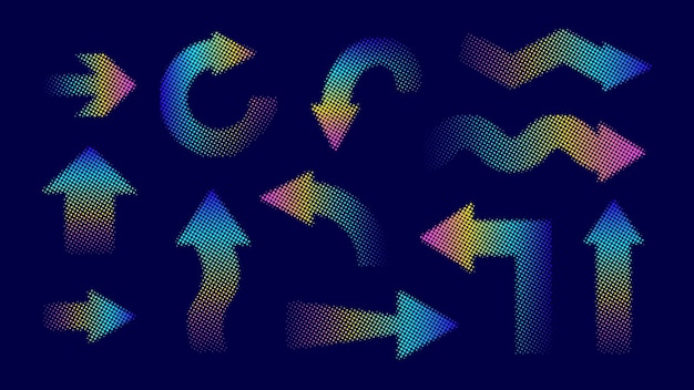 Colorful gradient halftone arrows on a dark blue background offering a futuristic and digital aesthetic