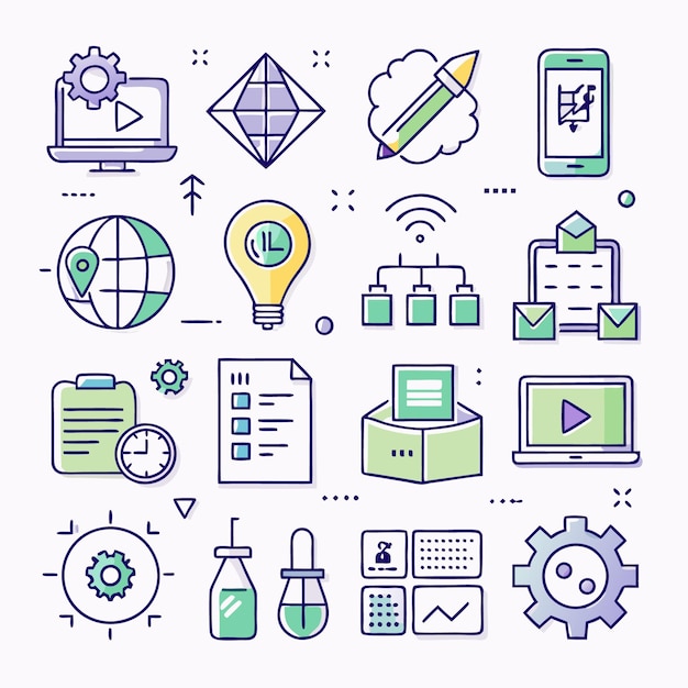 Colorful hand drawn set of business marketing and technology icons including computer mobile social media data research email and more