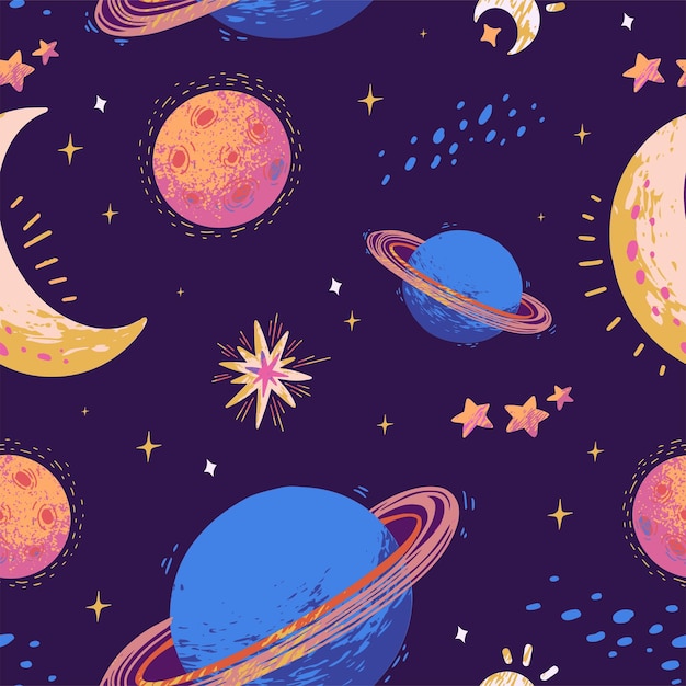 Colorful hand-drawn space pattern with blue and pink planets, moon and stars