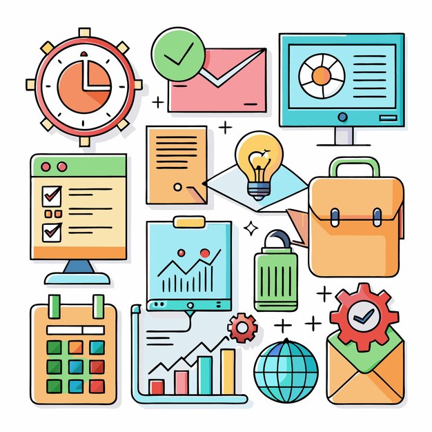 Colorful icons representing business concepts