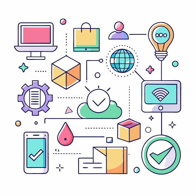 Colorful illustration depicting a network of interconnected icons representing various aspects of modern technology and business