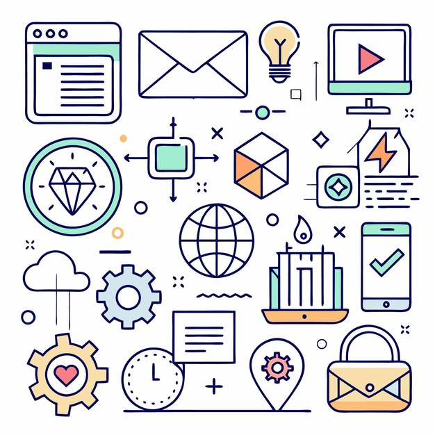 Colorful line icons representing business and technology concepts