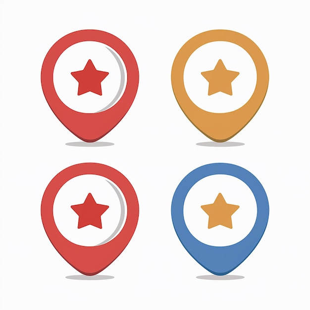 Colorful Location Markers with Unique Designs and Central Star Icons
