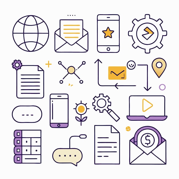 Colorful outline icons depicting business and marketing