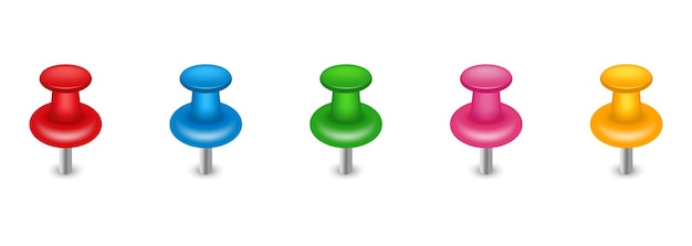 Colorful Pins with Needle on White Background Realistic Buttons Set of Pushpins for Attach Paper