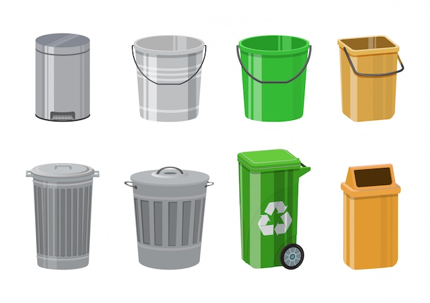 Colorful recycle trash bin set. Trash bin with pedal and swing top. Metal bucket with cap. illustrations