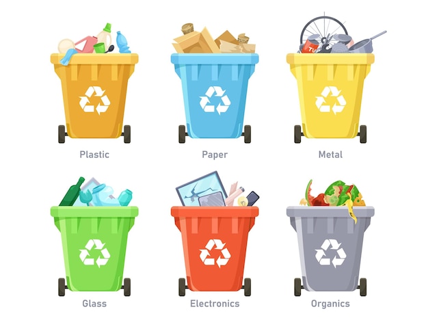 Colorful recycling bins for different waste categories Vector illustration