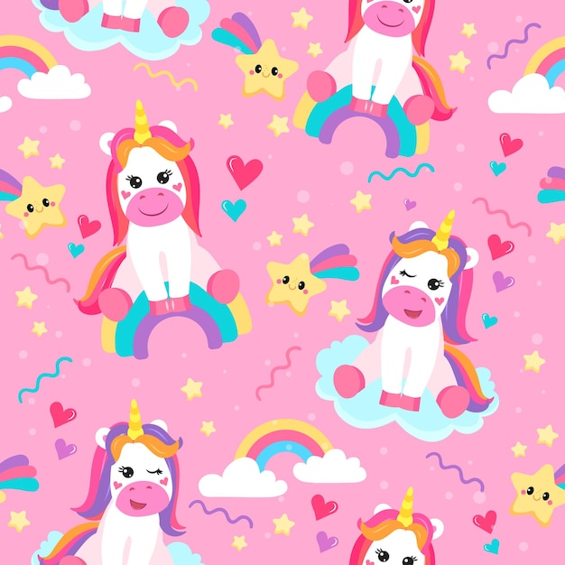 colorful seamless patterns with unicorns in cartoon style for kids vector illustration