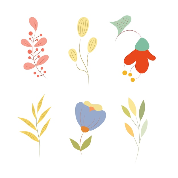 colorful set with cute spring flowers and colorful twigs and leaves