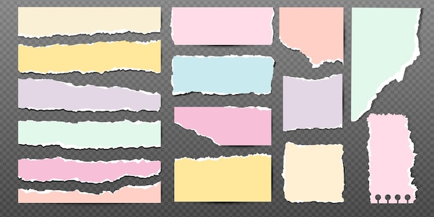 colorful torn notebook paper pieces Ripped paper strips Realistic notepad sheets scraps of page