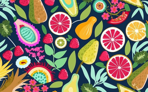 Colorful vector floral summer clipart with fruits flowers berries lemon kiwi watermelon