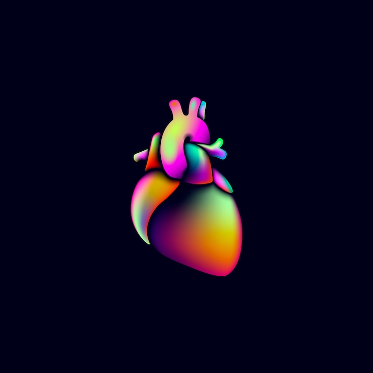 Vektör colorful vibrant color heart shape medicine logo sign. anatomical human heart iridescent fluid gradient neon bright holographic futuristic design. round geometric plastic 3d render   illustration