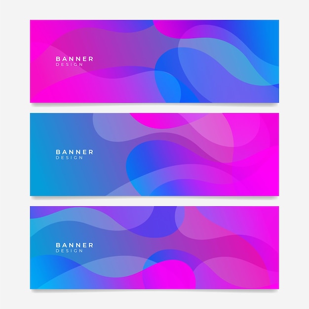 Colorful web banner with wave shapes. Collection of horizontal promotion banners with gradient colors and abstract geometric backdrop. Header design. Vibrant coupon template.