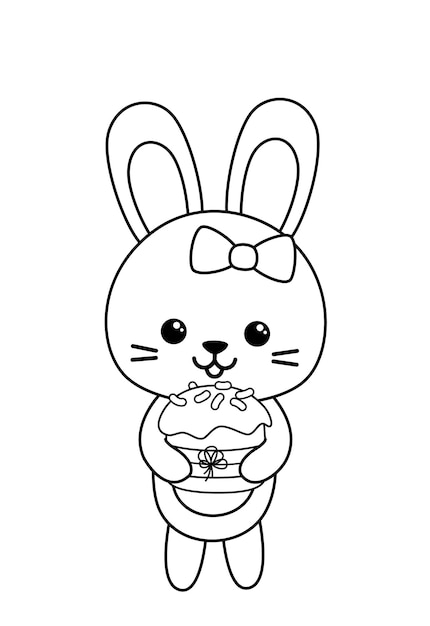 Coloring page hare holding Easter cake Black and white Easter cake and bunny Vector