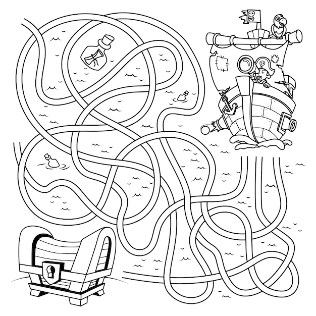 Coloring the outline of a labyrinth in which you need to help a pirate find the way to a chest