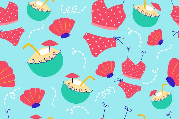 Colourful tropics Summer Seamless Pattern Hand drawn doodle beauty beach summertime kids background wallpaper for fashion graphic print textile apparel wrapping paper vector